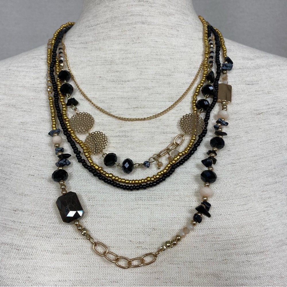 Vintage Multi Strand Gold Black Charm Beaded Necklace